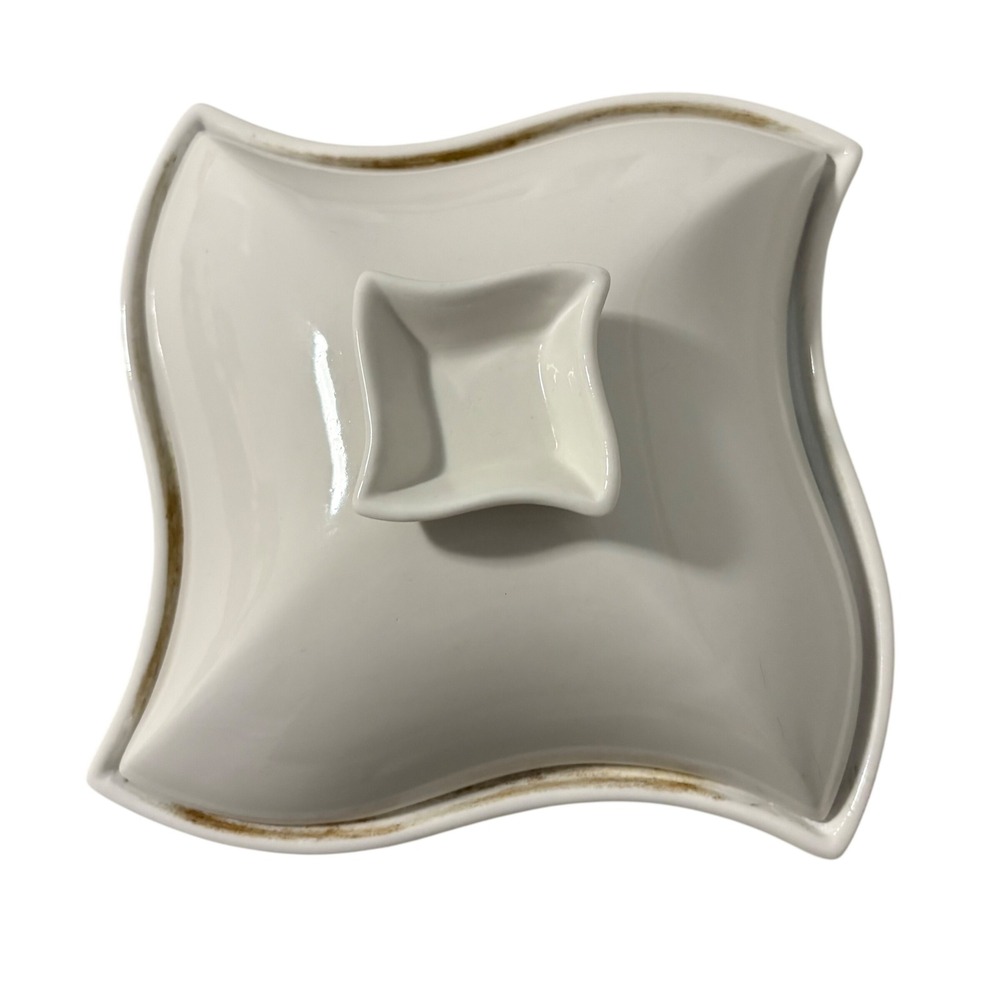 Godinger Siena Modern Wht Wavy Square Ceramic Lidded Serving Dish Bowl 1 Quart